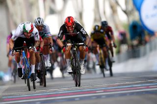 CATTOLICA ITALY MAY 12 Caleb Ewan of Australia and Team Lotto Soudal Giacomo Nizzolo of Italy and Team Qhubeka Assos sprint at arrival during the 104th Giro dItalia 2021 Stage 5 a 177km stage from Modena to Cattolica girodiitalia Giro on May 12 2021 in Cattolica Italy Photo by Stuart FranklinGetty Images