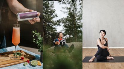 Collage of mocktail, woman forest bathing, and woman doing yoga to represent fitness trends 2024