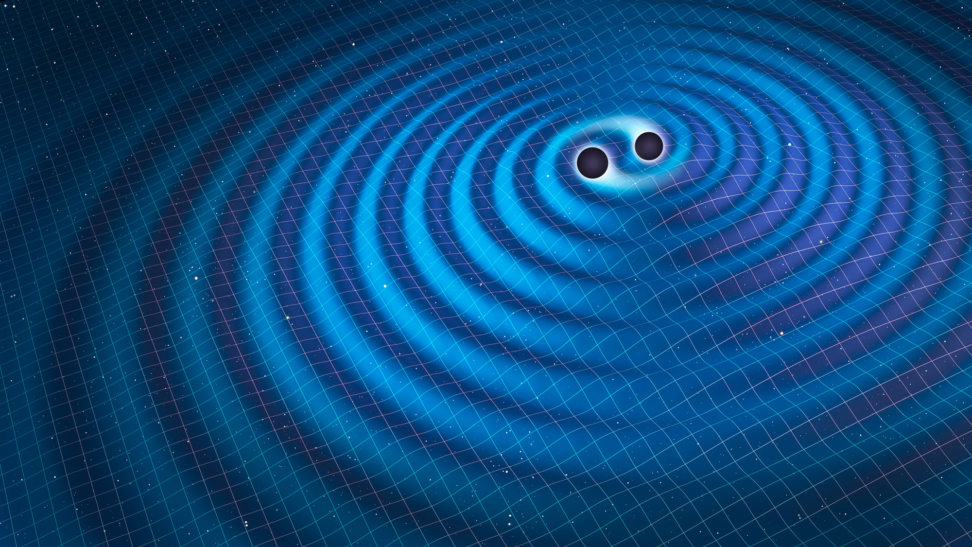 An illustration of two dark spheres circling each other against a blue, grid-like surface.