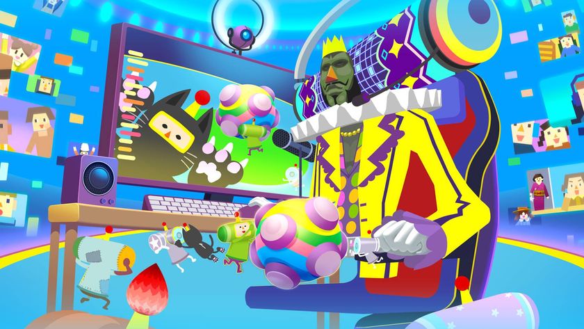 Key art for Katamari Damacy Rolling LIVE showing the Prince rolling a Katamari as the King of All Cosmos sits at a livestreaming setup.