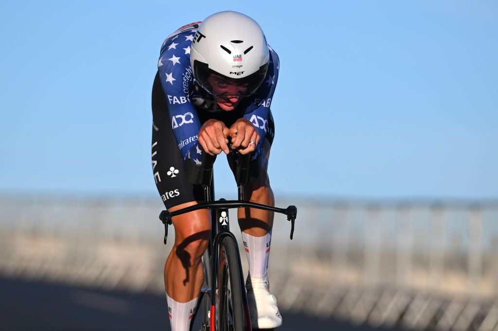OEIRAS PORTUGAL AUGUST 17 Brandon McNulty of The United State and UAE Team Emirates sprints during the 79th La Vuelta Ciclista a Espana 2024 Stage 1 a 12km individual time trial stage from Lisbon to Oeiras UCIWT on August 17 2024 in Oeiras Portugal Photo by Tim de WaeleGetty Images