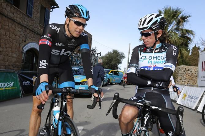 Former teammates Edvald Boasson Hagen and Rigoberto Uran chast prior to the Trofeo Dei&agrave; on Mallorca