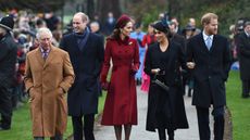 Prince Harry and Meghan with The Prince of Wales, the Duke of Cambridge, and the Duchess of Cambridge, arriving to attend the Christmas Day morning church service at St Mary Magdalene Church in Sandringham, Norfolk.