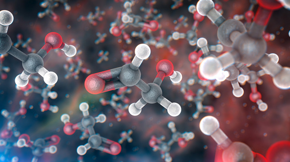 This artist’s impression of glycolaldehyde molecules shows their molecular structure (C2H4O2). Carbon atoms are shown as gray, oxygen atoms as red, and hydrogen atoms as white.