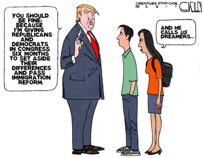 Political cartoon U.S. Trump DACA dreamers Congress party politics