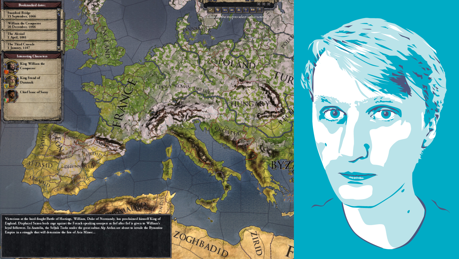 Crusader Kings 2 composite image with headshot of PC Gamer writer Joshua Wolens
