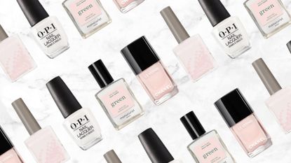 A collage of some of the milky pink and white nail polishes included in this guide from Bio Sculpture, OPI, Manucurist and Chanel, arranged in a repeated, diagonal line pattern across a white and grey marbled background