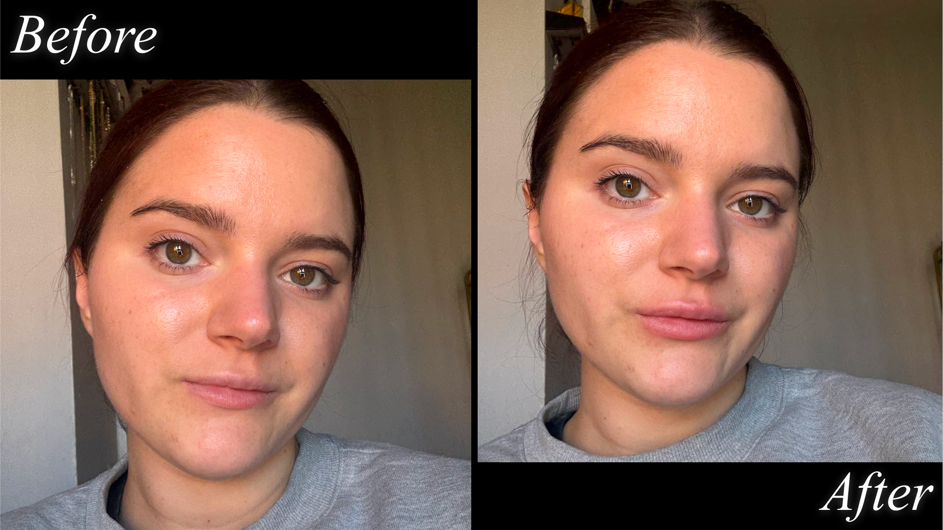 split image of Brooke knappenberger before and after testing Half Magic GO PLUMP YOURSELF INVISIBLE EXTREME PLUMPING LIP LINER on black background with &quot;before&quot; and &quot;after&quot; text
