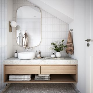 a modern bathroom with a light wood vanity and a white wall