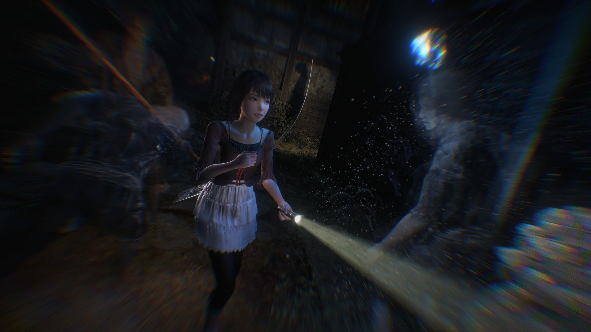 The protagonist aims a flashlight at an encroaching spirit emerging from the wall.
