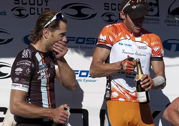 Oops,premature spray: Stage runner-up,Ben Kersten (Swan Hill Heart of the Murray), went early with his opening of the champers on the podium in Ouyen.