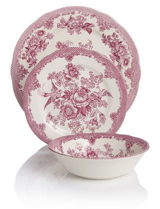 12 Piece Rosalie Box Dinner Set, white with pink floral pattern - 1 large plate, 1 small plate and 1 bowl