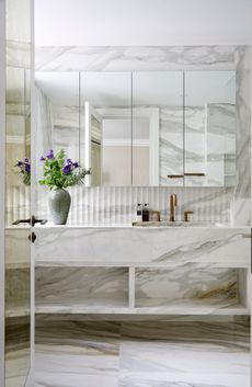 All marble bathroom with mirrored cabinet