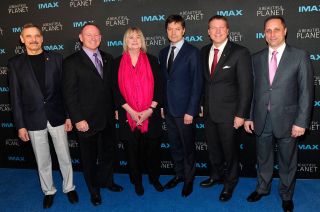 "A Beautiful Planet" director Toni Myers (center) with cosmonauts Mikhail Kornienko (far left), Oleg Kononenko (third from right), and Anton Shkaplerov (at right) and astronauts Butch Wilmore (second from left) and Terry Virts (second from right) at the IMAX film’s premiere in New York City on April 16, 2016.