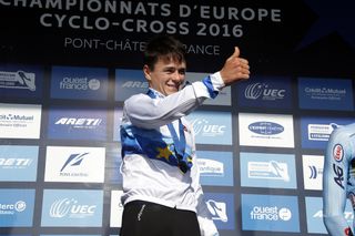 Thomas Pidcock (Great Britain) on the European championships podium.