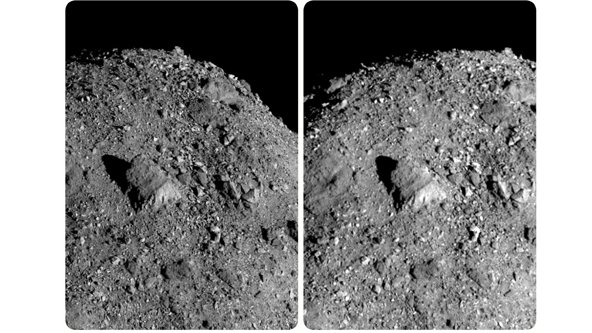 O imagine stereoscopică a unui afloriment stâncos de pe suprafața asteroidului Bennu.
