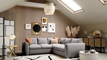Attic, grey sofa, white rug, wooden panelling 