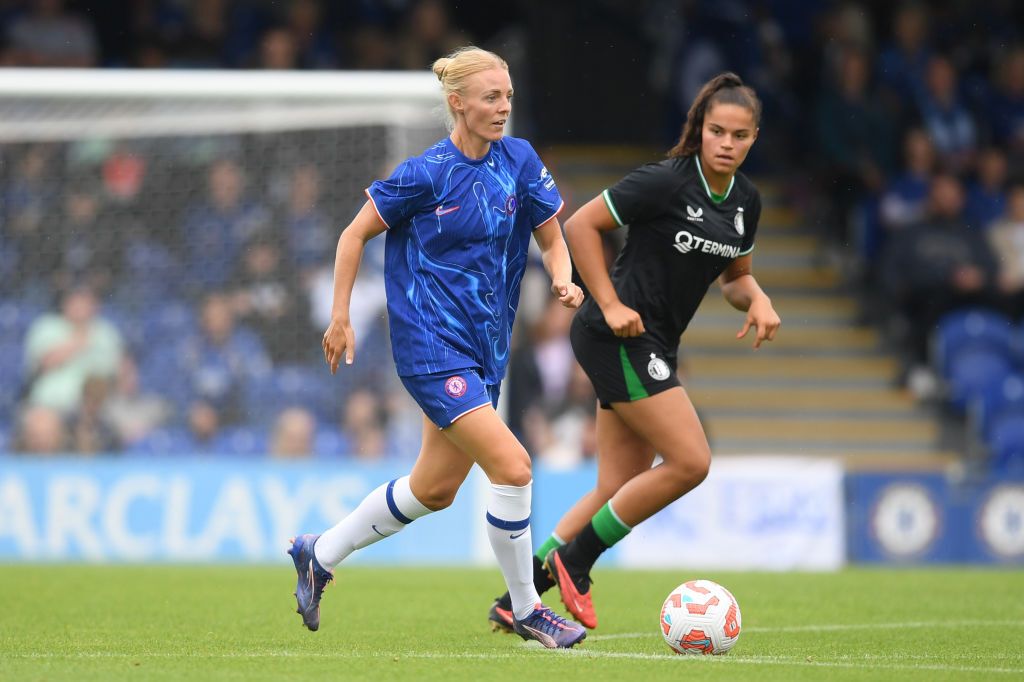 Sophie Ingle of Chelsea in action during a pre-season friendly match between Chelsea FC Women and Feyenoord Women at Kingsmeadow on September 07, 2024 in Kingston upon Thames, England.