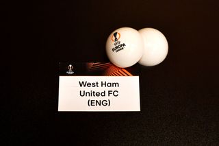 A detailed view of the draw card of West Ham United prior to the UEFA Europa League 2023/24 Group Stage Draw at Grimaldi Forum on September 01, 2023 in Monaco, Monaco.