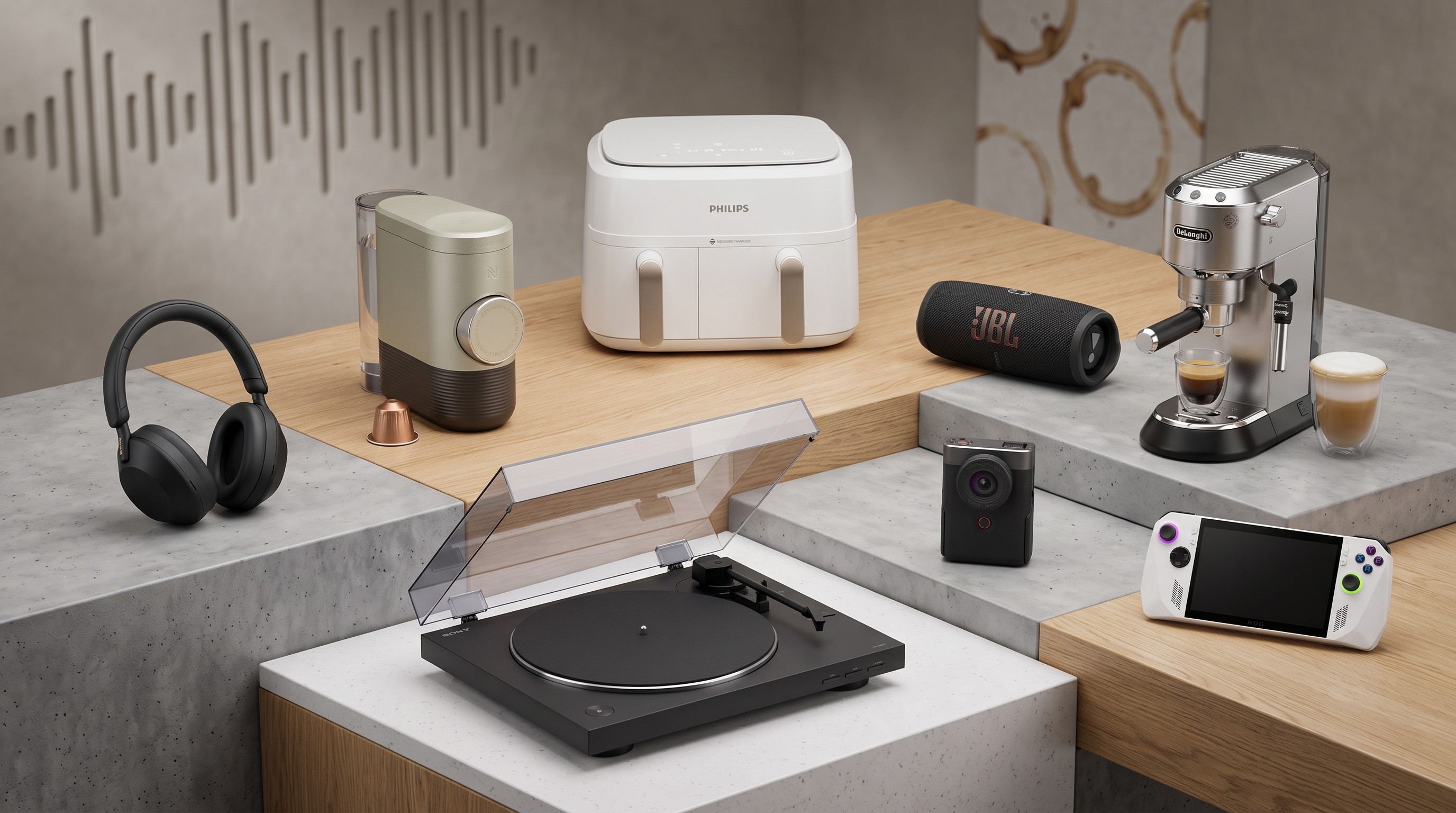 An AI-made image of a selection of tech items, arrange on pedestals and solid surfaces.