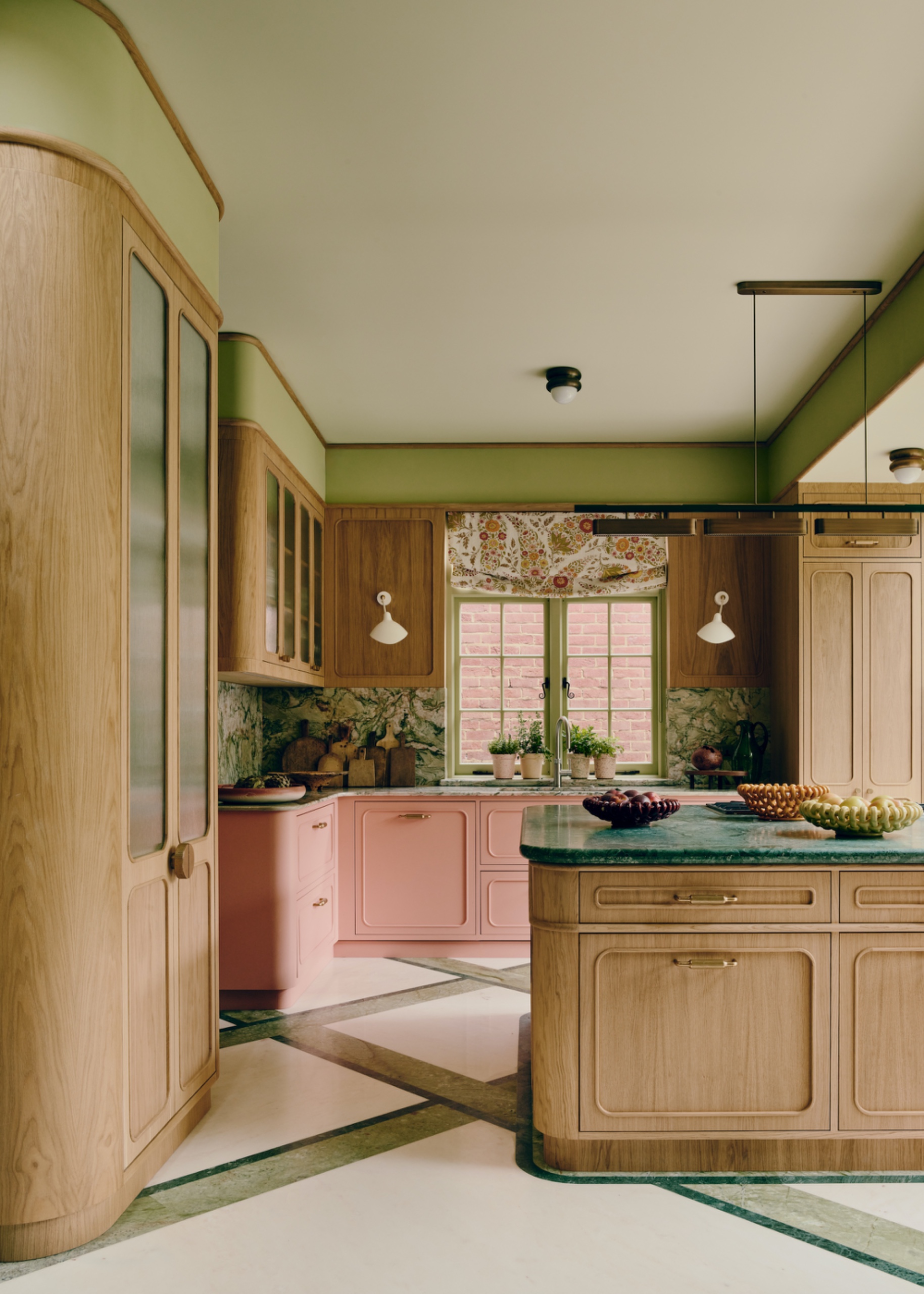 pink and green kitchen with timber cabinetry