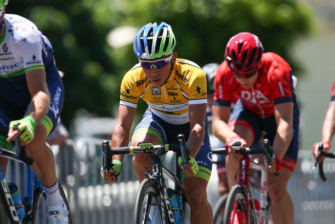 Overall leader Caleb Ewan in the yellow jersey