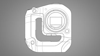 A concept design for a Canon mirrorless camera with a L-shaped hole in the middle