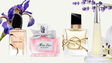 Collage of perfumes from the Boots sale (L-R) Giorgio Armani S&igrave;, Dior Miss Dior, YSL Libre and Issey Miyake L'Eau d'Issey, on a cream background with iris, lavender and lily cut-out pictures