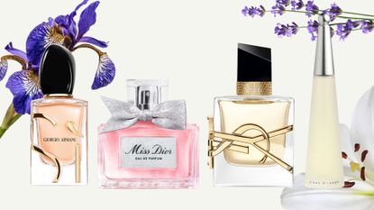 Collage of perfumes from the Boots sale (L-R) Giorgio Armani S&igrave;, Dior Miss Dior, YSL Libre and Issey Miyake L'Eau d'Issey, on a cream background with iris, lavender and lily cut-out pictures