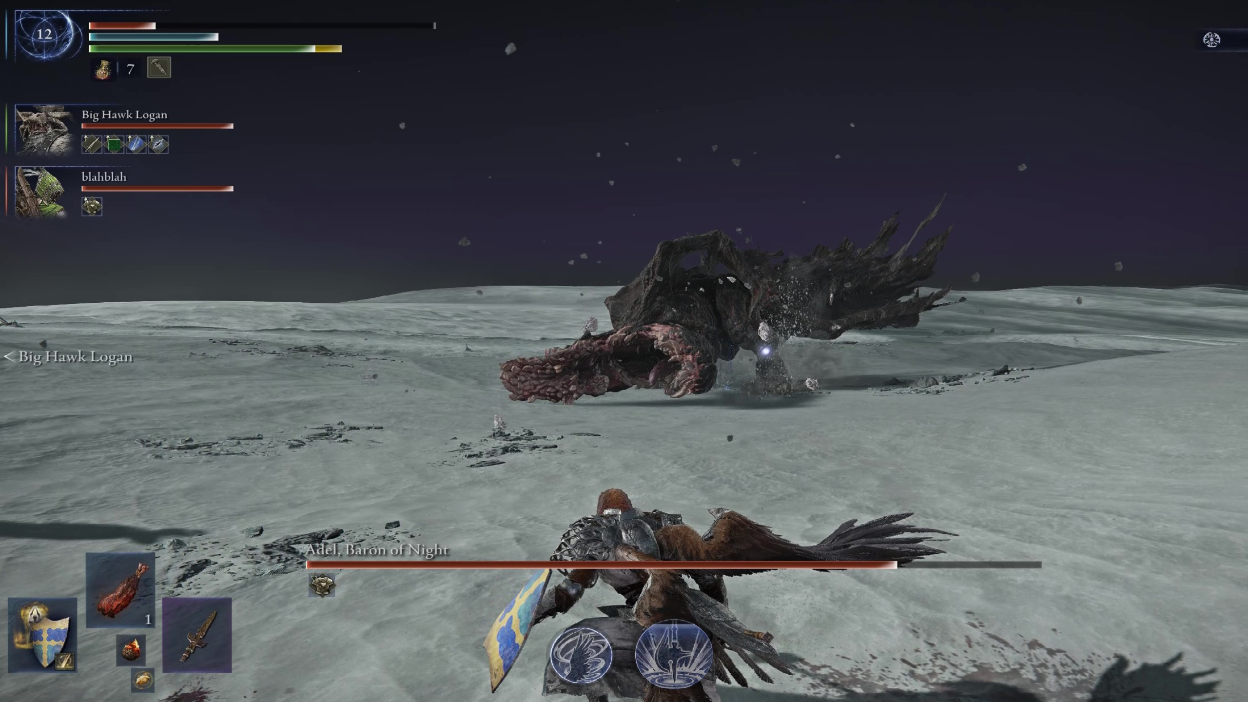 Elden Ring Nightreign Adel boss Gaping Jaw guide: Adel charging at Gaurdian with its mouth open wide.