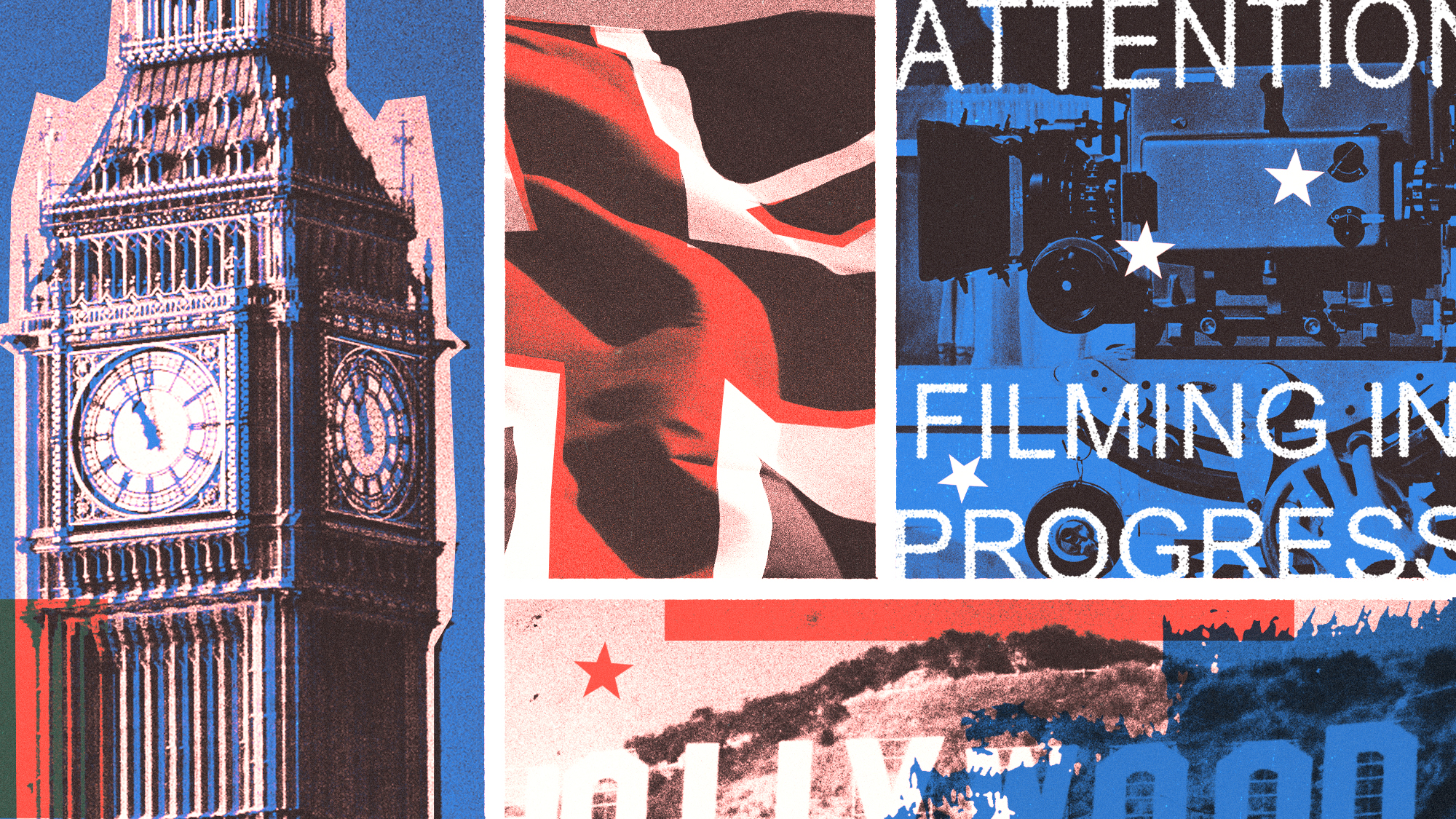 Illustration of Big Ben, a Union Jack flag, the Hollywood sign and a film camera