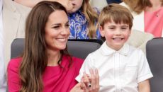 Kate Middleton in pink dress with prince louis