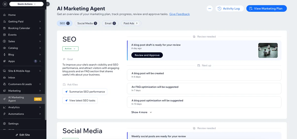 The AI marketing agent delivers SEO and social media recommendations tailored to your website.