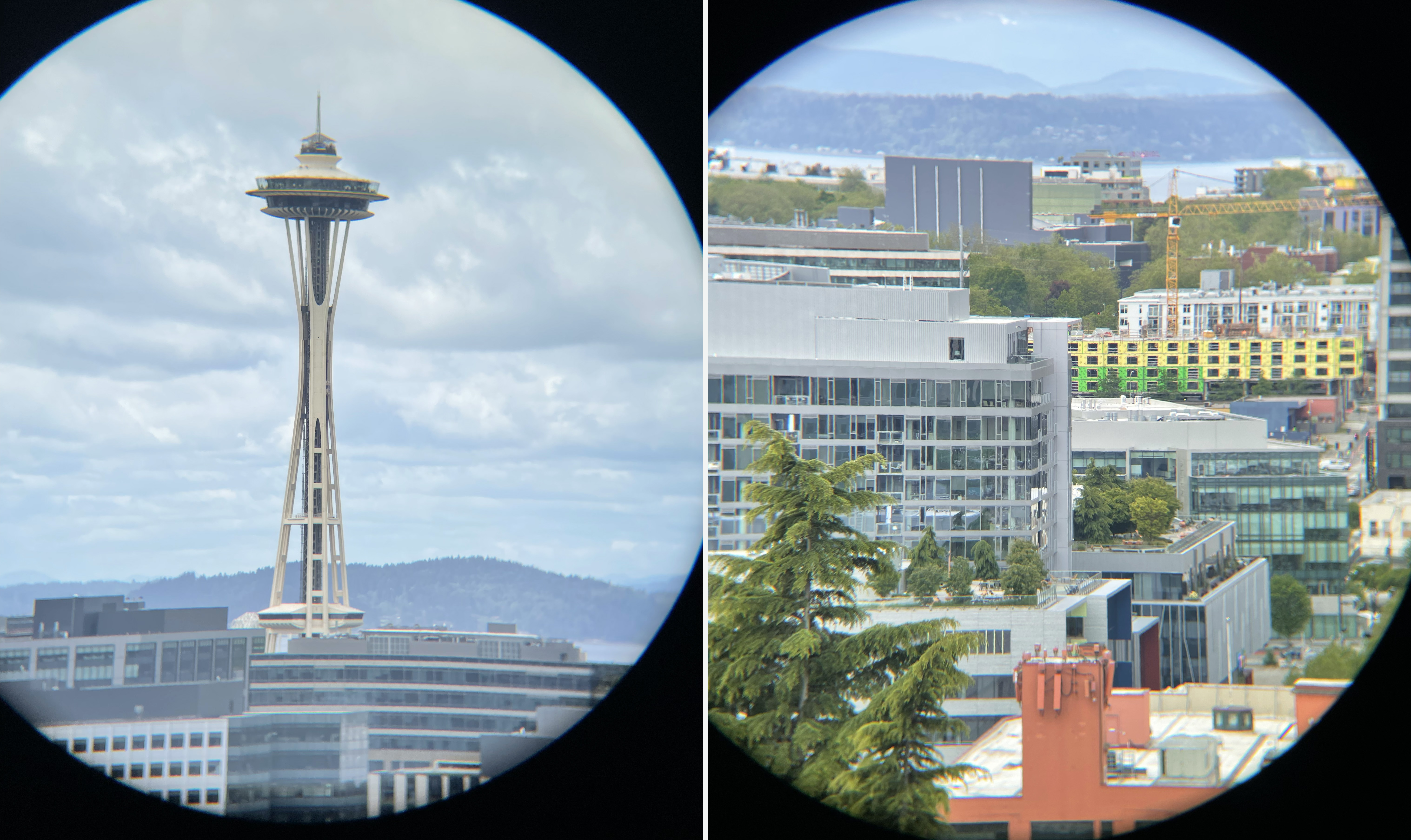 Two sample photos taken by the Nocs field tube shown side by side.  The photo on the left shows the Space Needle in Seattle, Washington.  The photo on the right shows a city scene with an orange building.