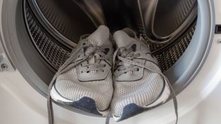 Grey running sneakers at the edge of a dryer drum. 