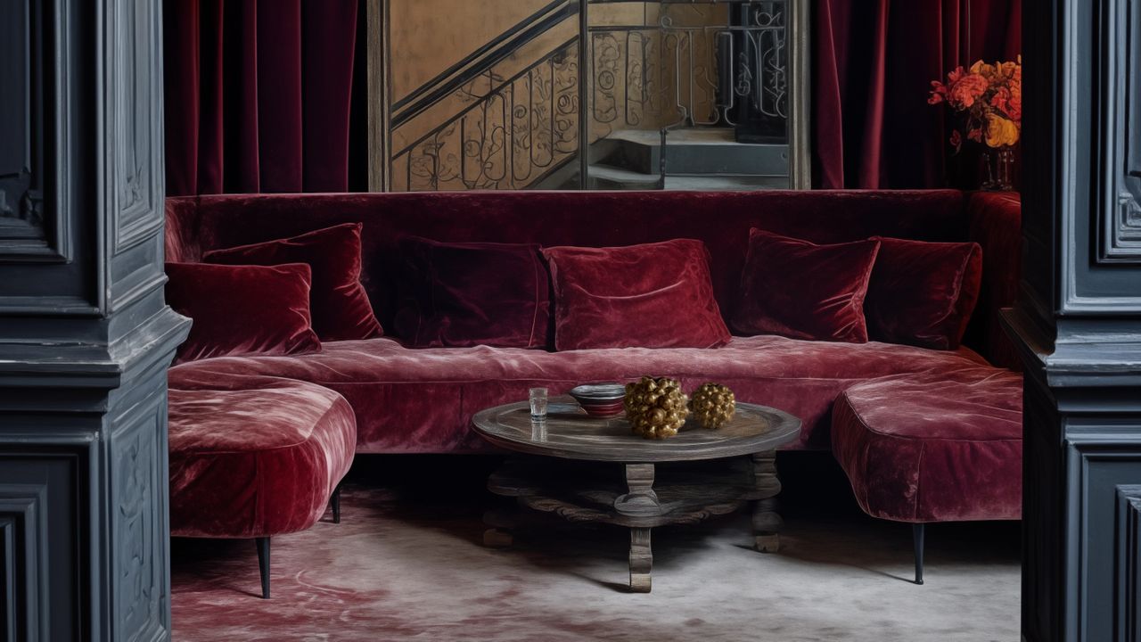 Red velvet sofa with a red faded rug underneath. There is an iron staircase in the room behind the sofa and there are navy columns framing the entrance of the main room