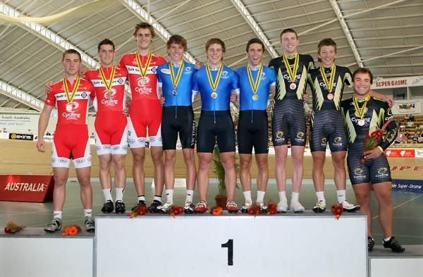 Men's under 19 team sprint podium: South Australia (2nd), Victoria (1st) and Western Australia (3rd)