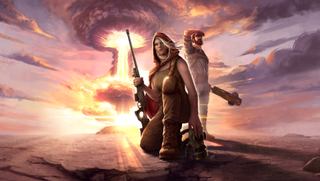 Two people standing in front of a mushroom cloud.