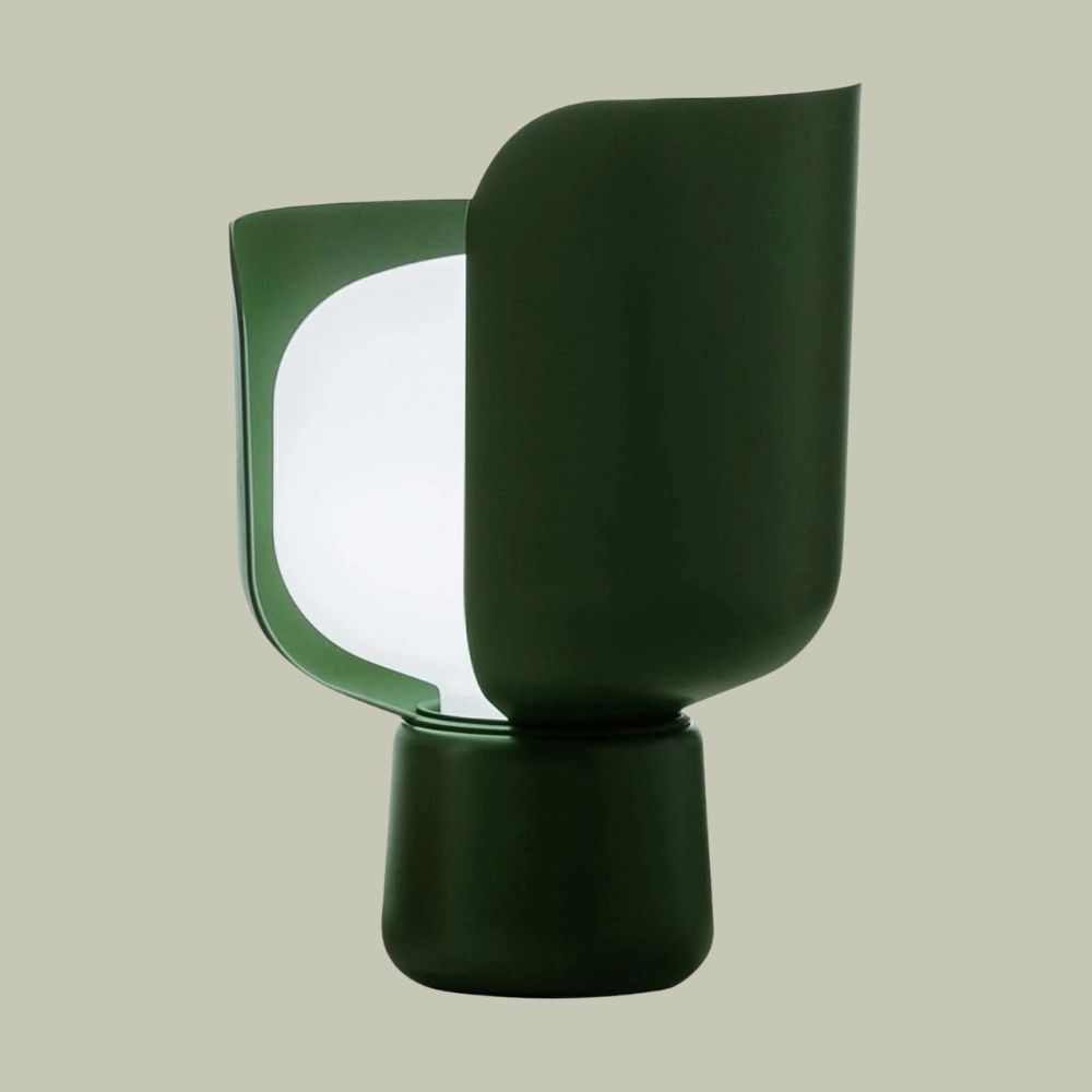 FontanaArte Blom Green Table Lamp by Andreas Engesvik against pale green background.