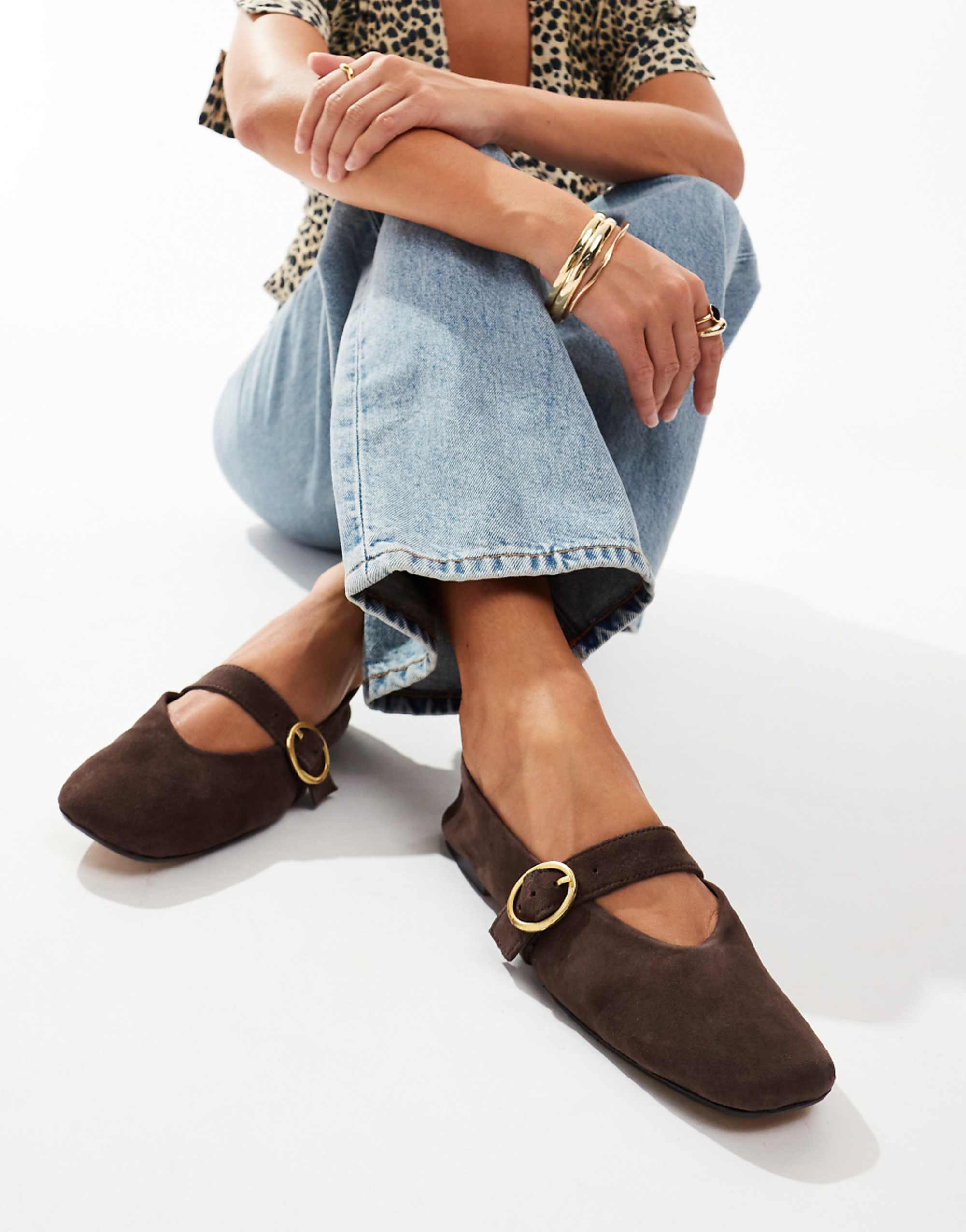 Asos Design Luxe Premium Leather Mary Jane Ballet in Brown