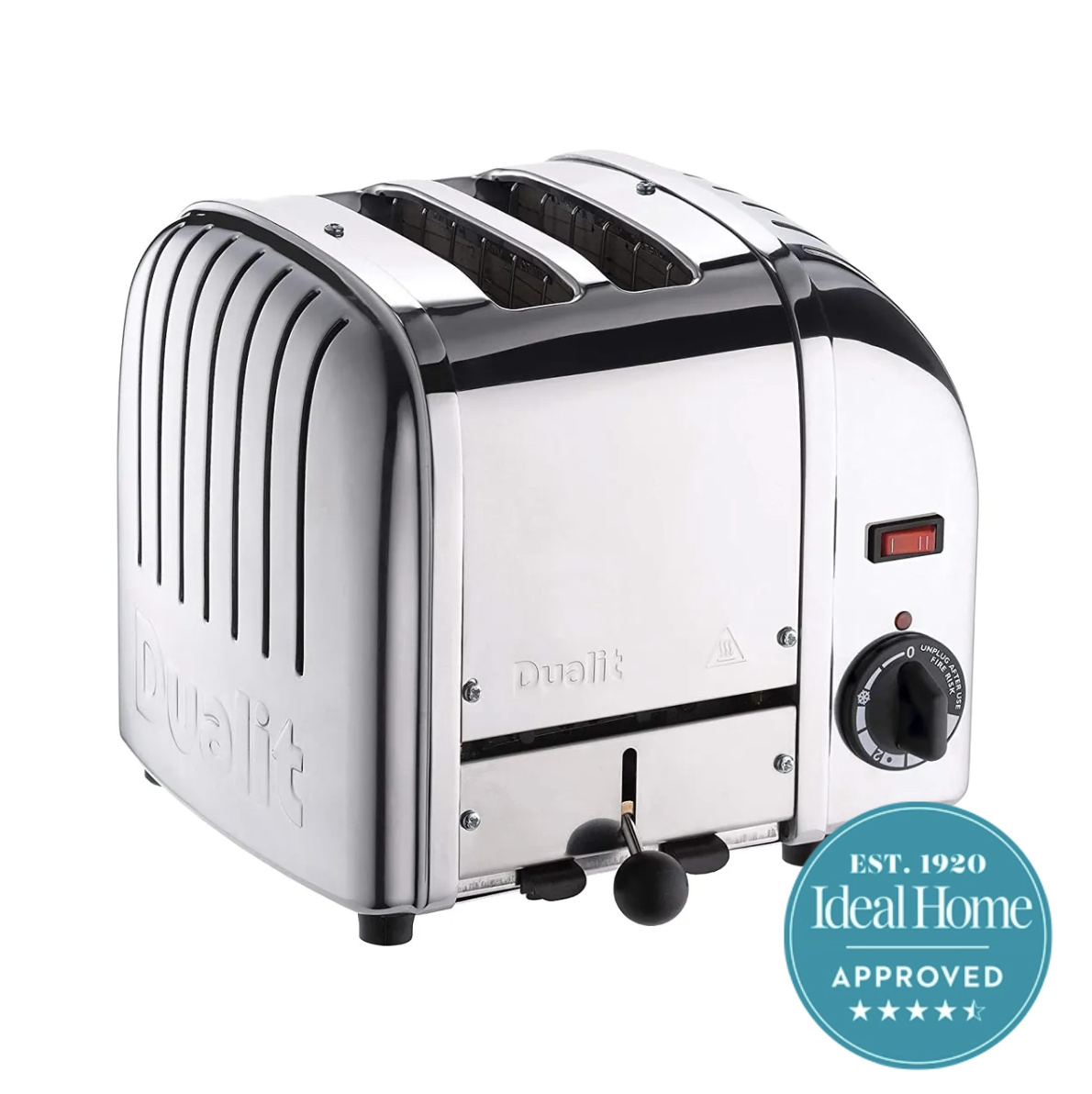 A stainless steel Dualit toaster on a white background