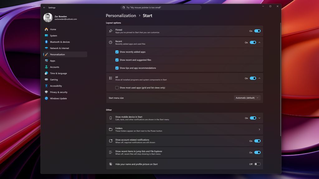 Windows 11 customizable start menu options