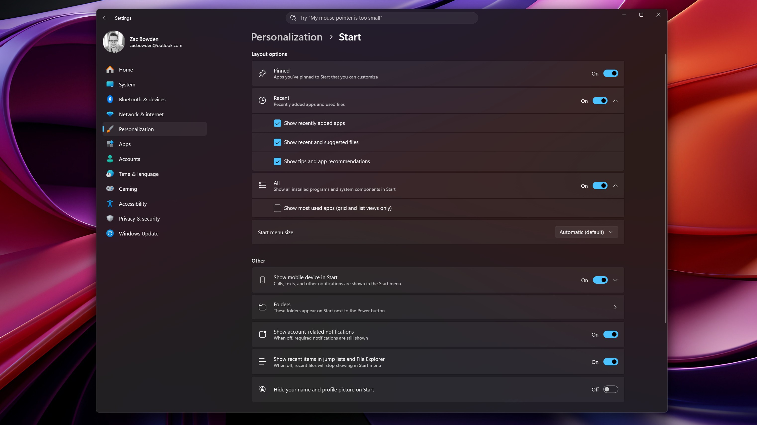 Windows 11 Customizable Start Menu Options