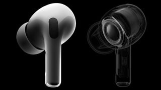 A single AirPod Pro 2 shot, next to a 3D rendering of a see-through AirPods Pro 2.