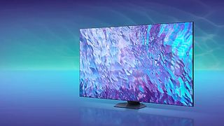 The Samsung Q80C QLED TV on a blue background.