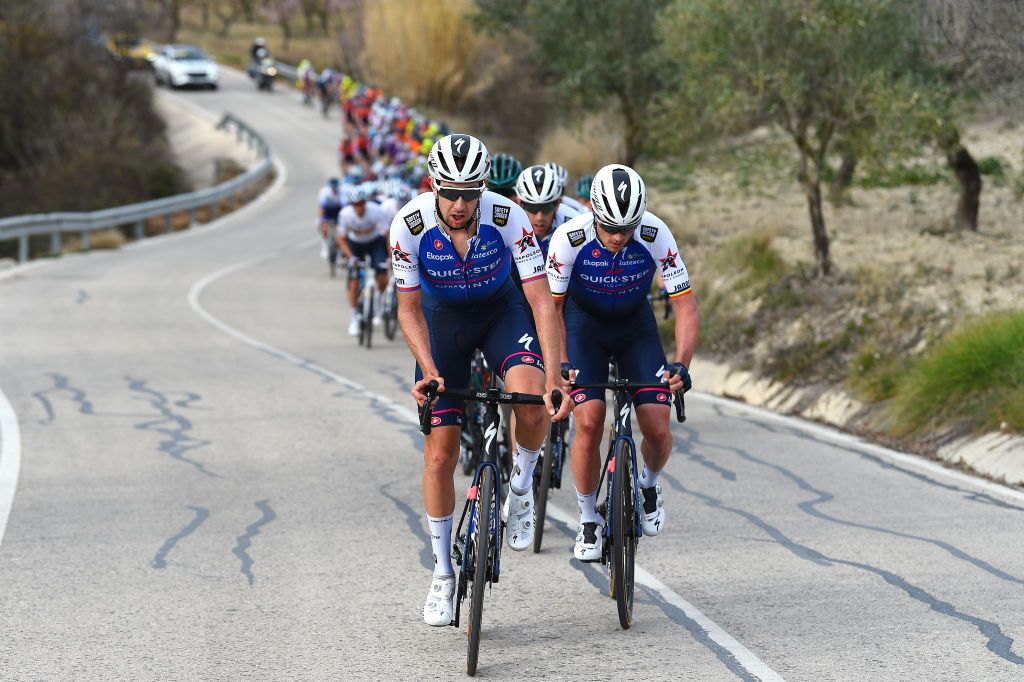 ALTO DE LAS ANTENAS DEL MAIGMO TIBI ALICANTE SPAIN FEBRUARY 04 Josef Cerny of Czech Republic and Yves Lampaert of Belgium and Team QuickStep Alpha Vinyl compete during the 73rd Volta A La Comunitat Valenciana 2022 Stage 3 a 1551km stage from Alicante to Alto De Las Antenas Del Maigmo Tibi 1080m VCV2022 on February 04 2022 in Alicante Spain Photo by Dario BelingheriGetty Images
