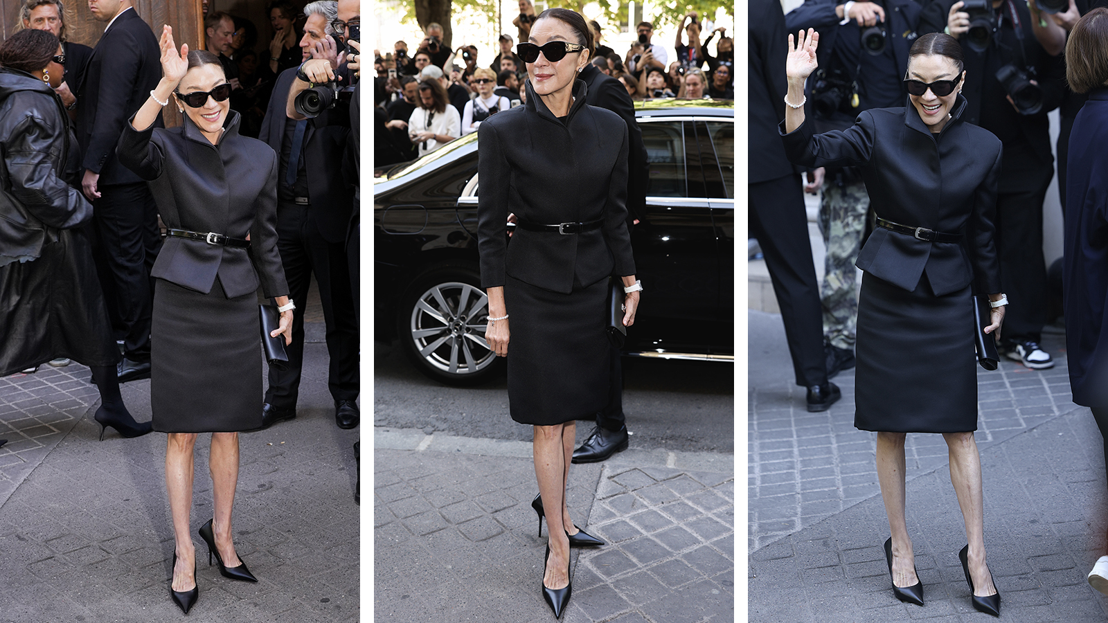 Michelle Yeoh wearing a black skirt suit