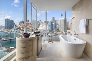 Guest bathroom by Dreamtime Australia Design and the A+ Design Group at Sofitel Darling Harbour hotel, Sydney, Australia