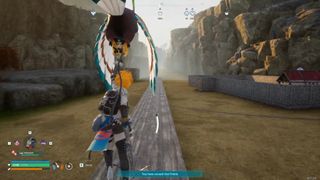 A character in Palworld holding onto a Pal and gliding