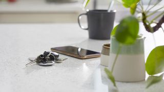 Phone sitting next to keys on kitchen counter with plant pot